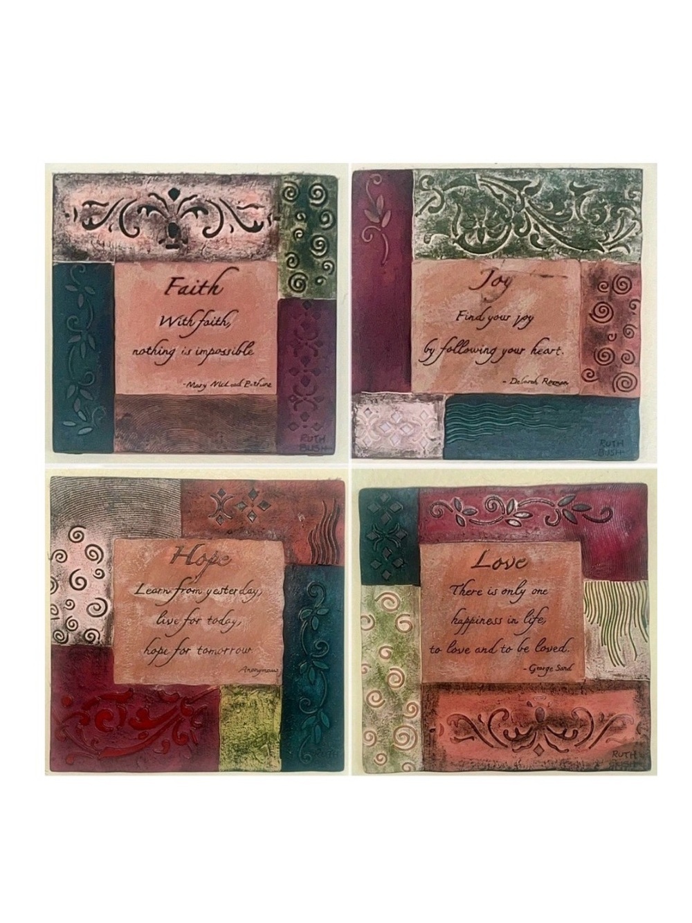 Set of 4 Inspirational Rustic Textured Ceramic Wall Art- Faith, Joy, Hope, Love